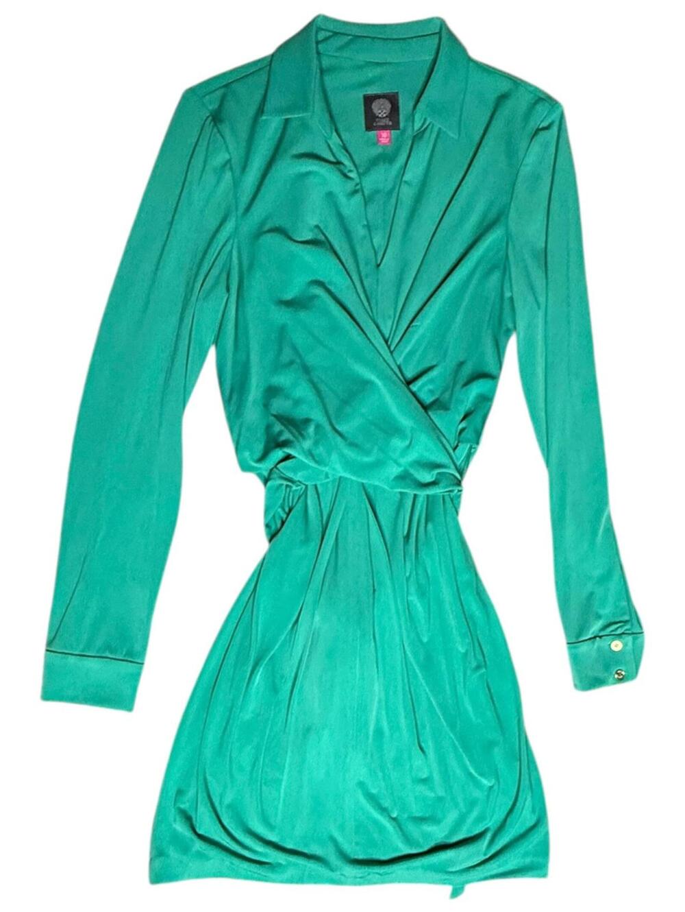 Vince Camuto emerald green faux-wrap long sleeve mini dress size 10